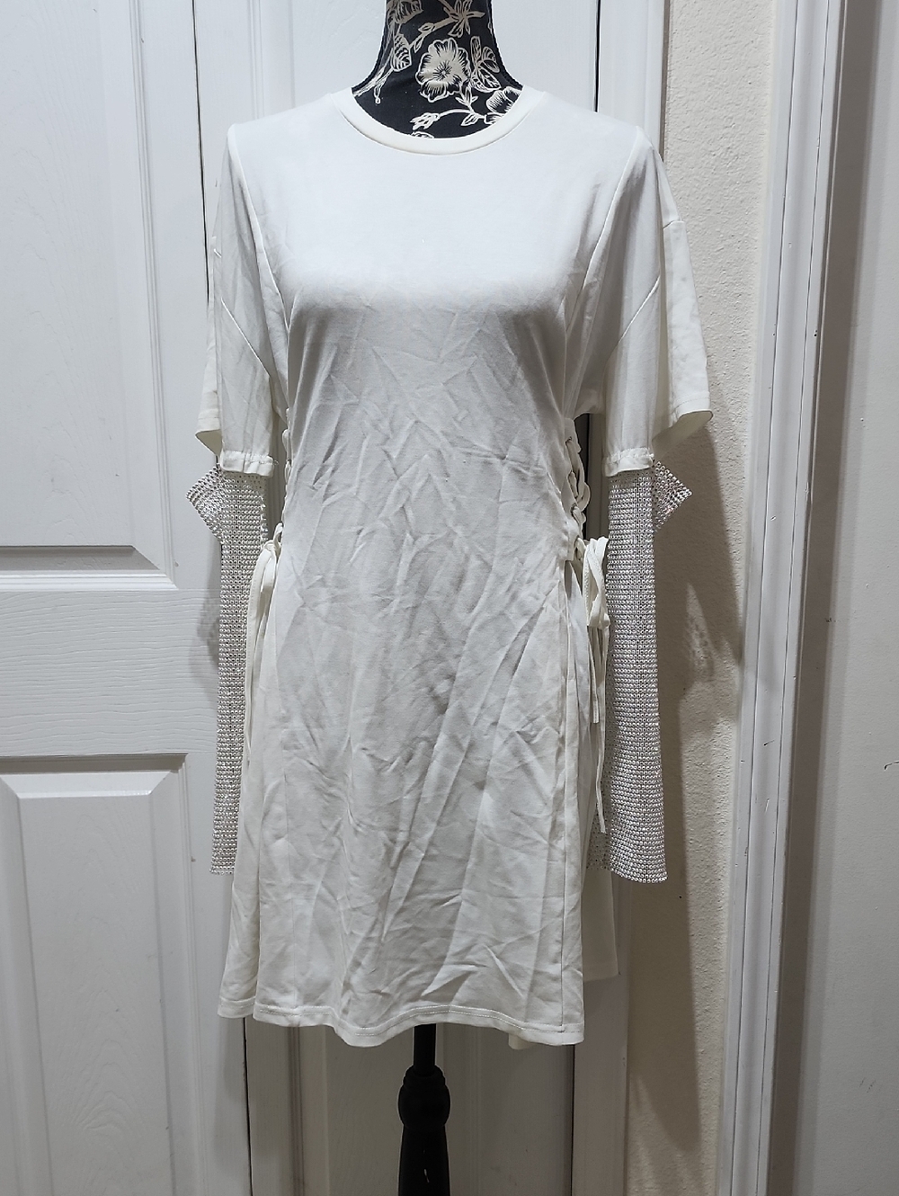 Akira White Side-Tie Shirt Dress with Rhinestone Mesh Sleeve Detail M/L